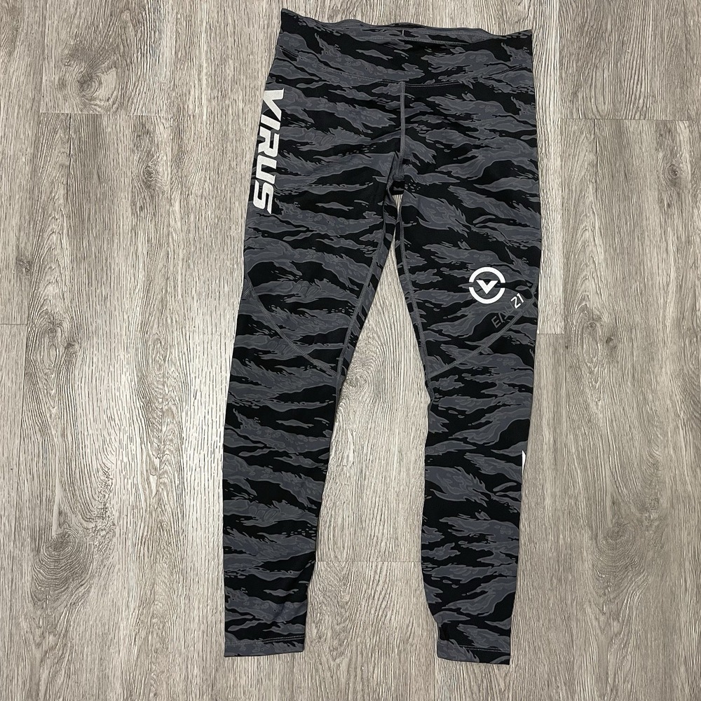 Virus Compression Pants Men Large Black Gray Tiger Camo Leggings Base 3/4 Length